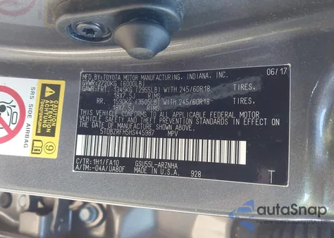 2017 Toyota Highlander Le Plus z USA, uszkodzony, nr VIN 5TDBZRFH5HS445987